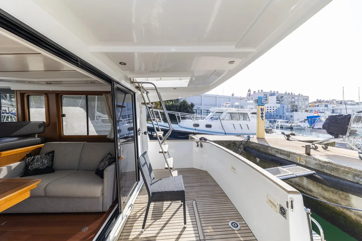 Deck of Blue Sky, a Beneteau Swift Trawler 34 Fly motorboat at Zadar, Croatia