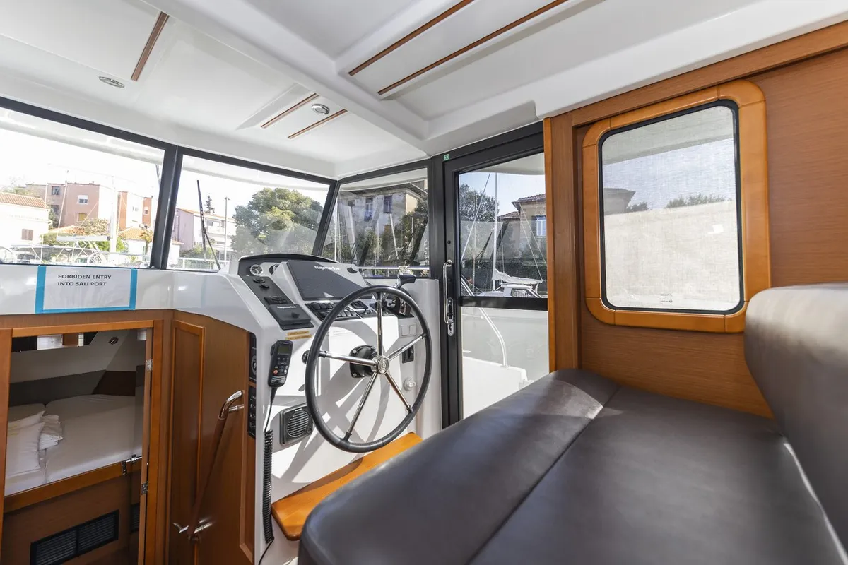 Cockpit of Blue Sky, a Beneteau Swift Trawler 34 Fly motorboat at Zadar, Croatia