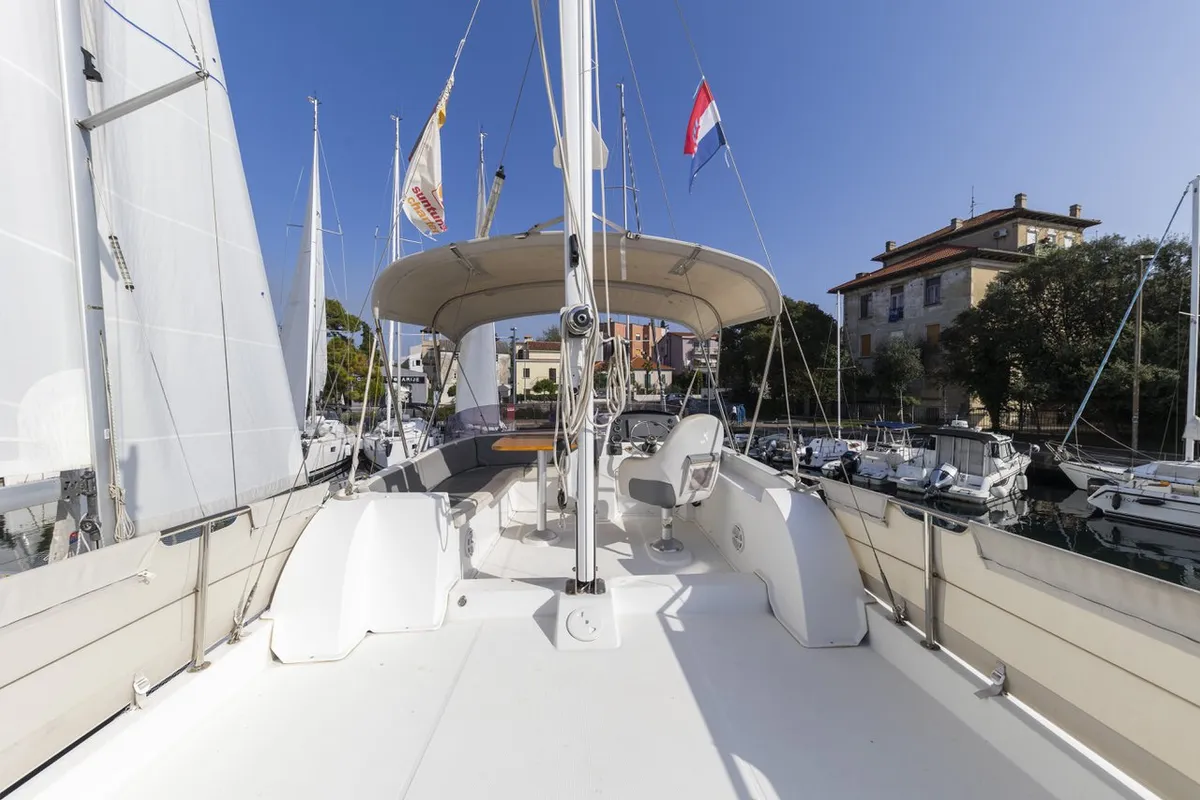 Cockpit of Blue Sky, a Beneteau Swift Trawler 34 Fly motorboat at Zadar, Croatia