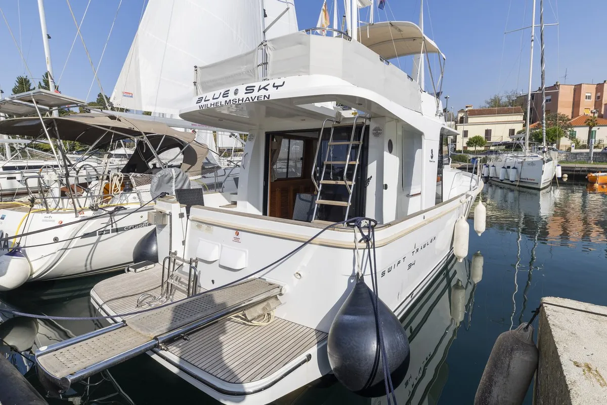 Exterior view of Blue Sky, a Beneteau Swift Trawler 34 Fly motorboat at Zadar, Croatia