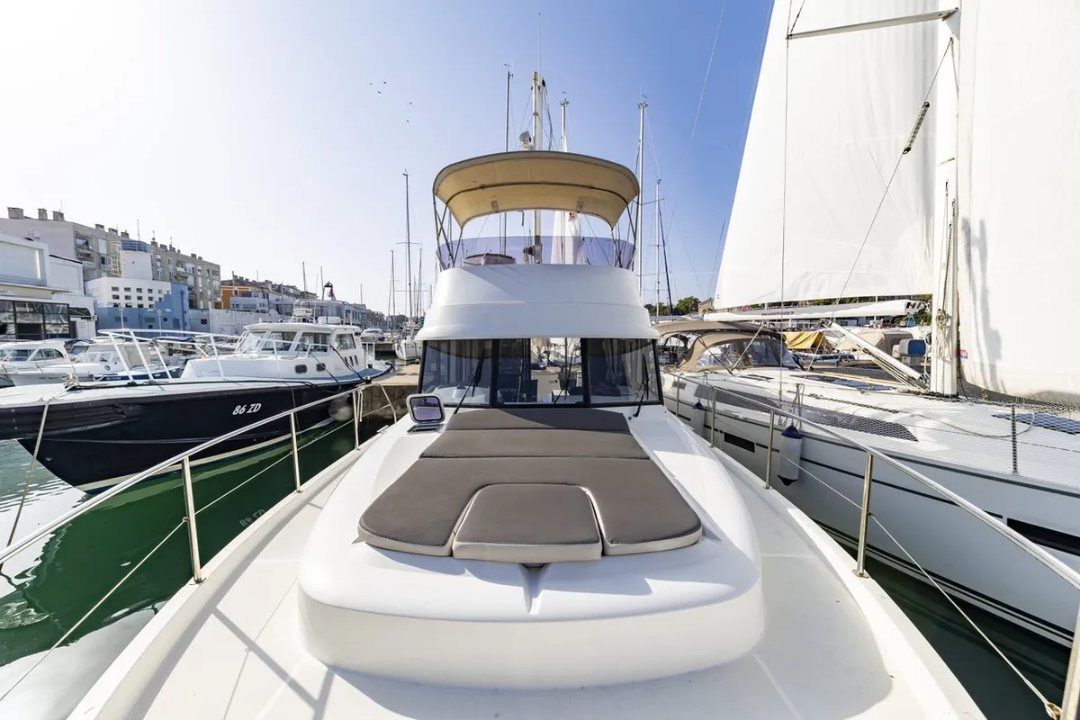 Deck of Blue Sky, a Beneteau Swift Trawler 34 Fly motorboat at Zadar, Croatia