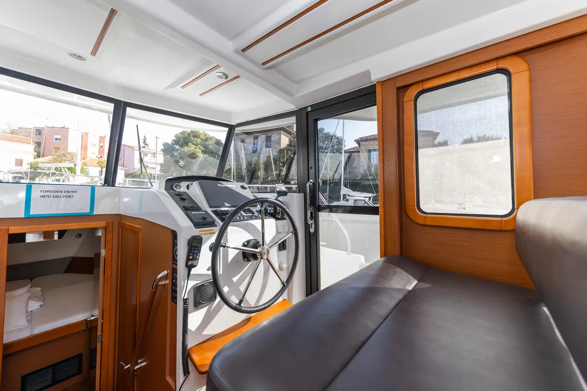 Cockpit of Blue Sky, a Beneteau Swift Trawler 34 Fly motorboat at Zadar, Croatia