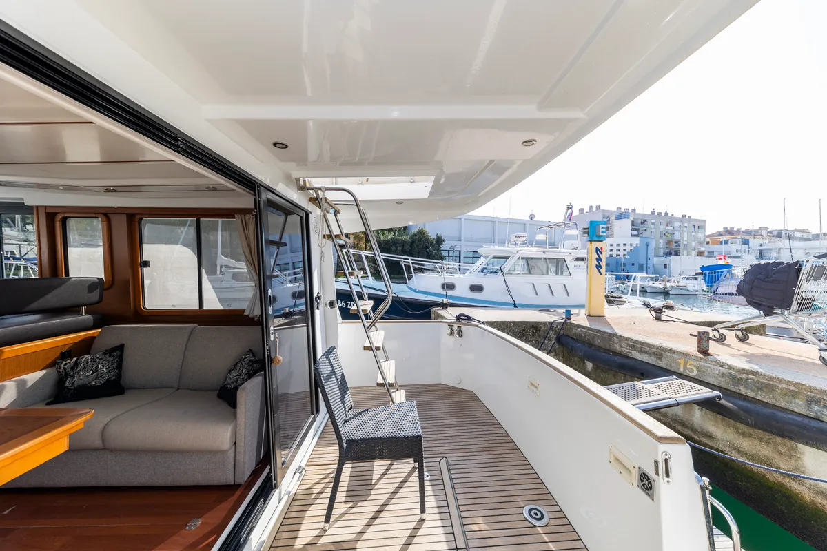 Deck of Blue Sky, a Beneteau Swift Trawler 34 Fly motorboat at Zadar, Croatia