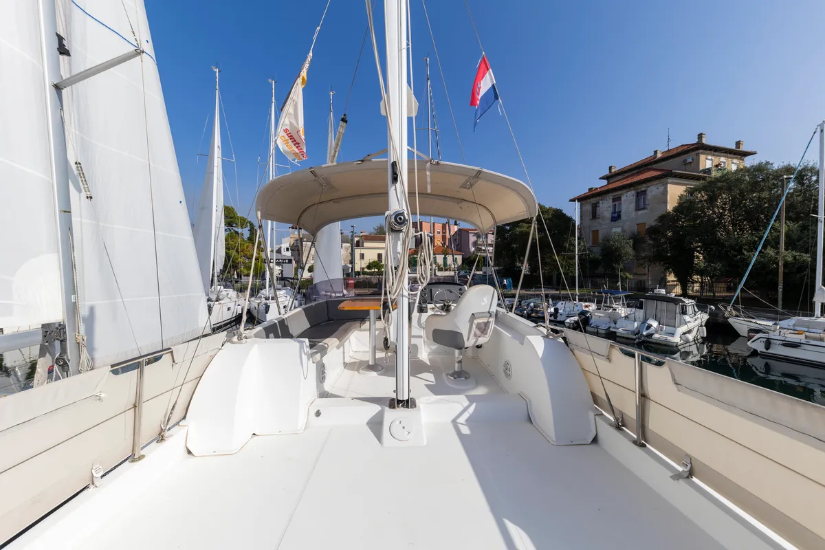Deck of Blue Sky, a Beneteau Swift Trawler 34 Fly motorboat at Zadar, Croatia