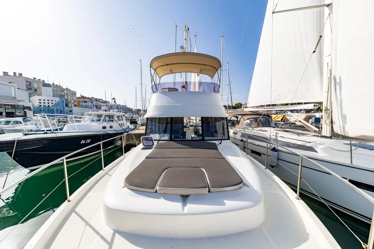 Deck of Blue Sky, a Beneteau Swift Trawler 34 Fly motorboat at Zadar, Croatia