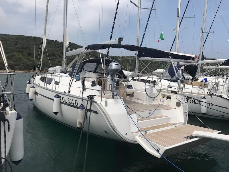 Exterior view of Albireo, a Bavaria Cruiser 46 sailboat at Olbia, Italy