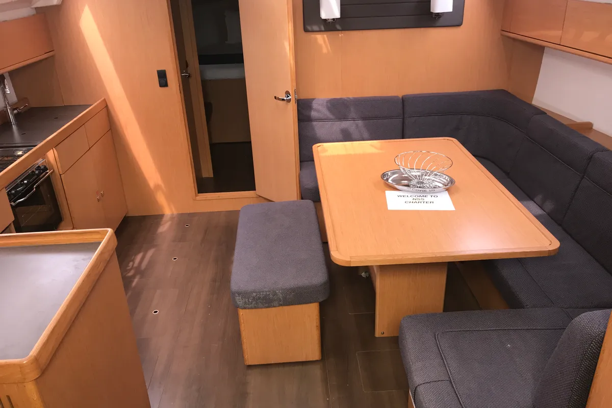 Salon of Albireo, a Bavaria Cruiser 46 sailboat at Olbia, Italy