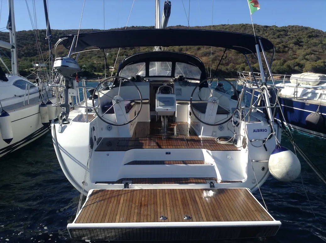 Cockpit of Albireo, a Bavaria Cruiser 46 sailboat at Olbia, Italy