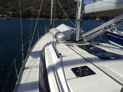 Deck of Albireo, a Bavaria Cruiser 46 sailboat at Olbia, Italy