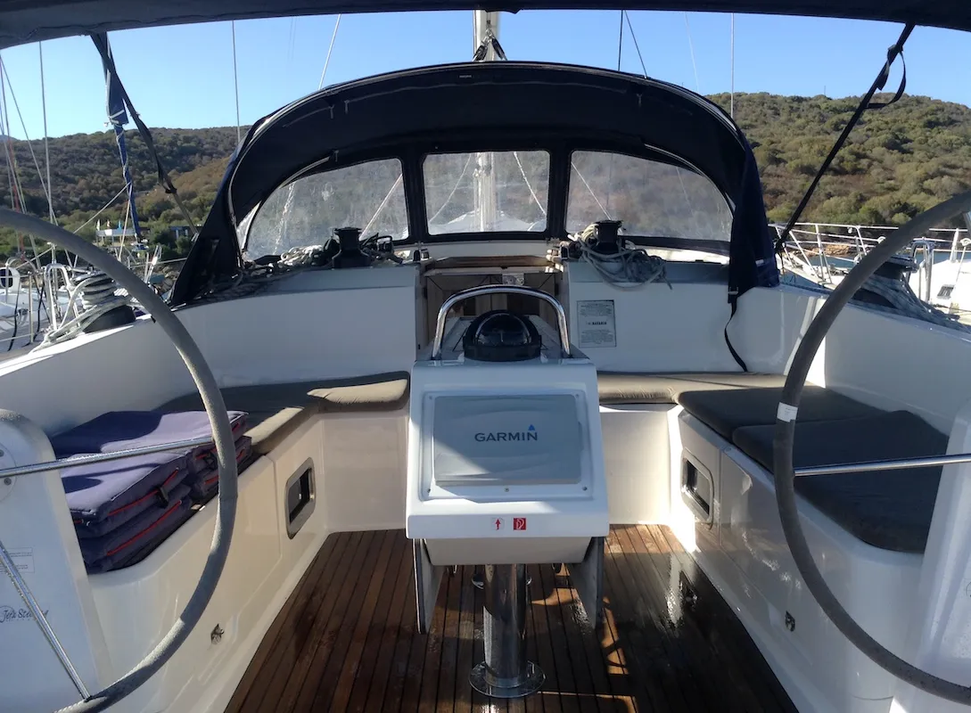 Cockpit of Albireo, a Bavaria Cruiser 46 sailboat at Olbia, Italy