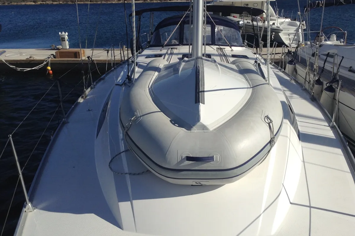 Deck of Albireo, a Bavaria Cruiser 46 sailboat at Olbia, Italy
