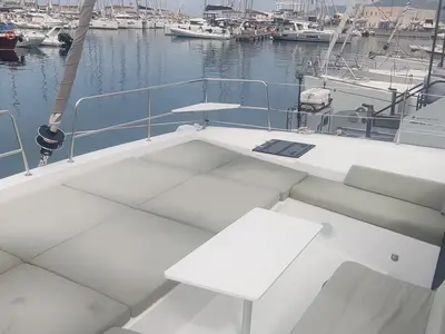 Deck of Sahar, a Bali 4.2 catamaran at Capo d'Orlando, Italy