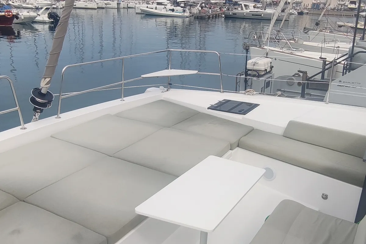 Deck of Sahar, a Bali 4.2 catamaran at Capo d'Orlando, Italy