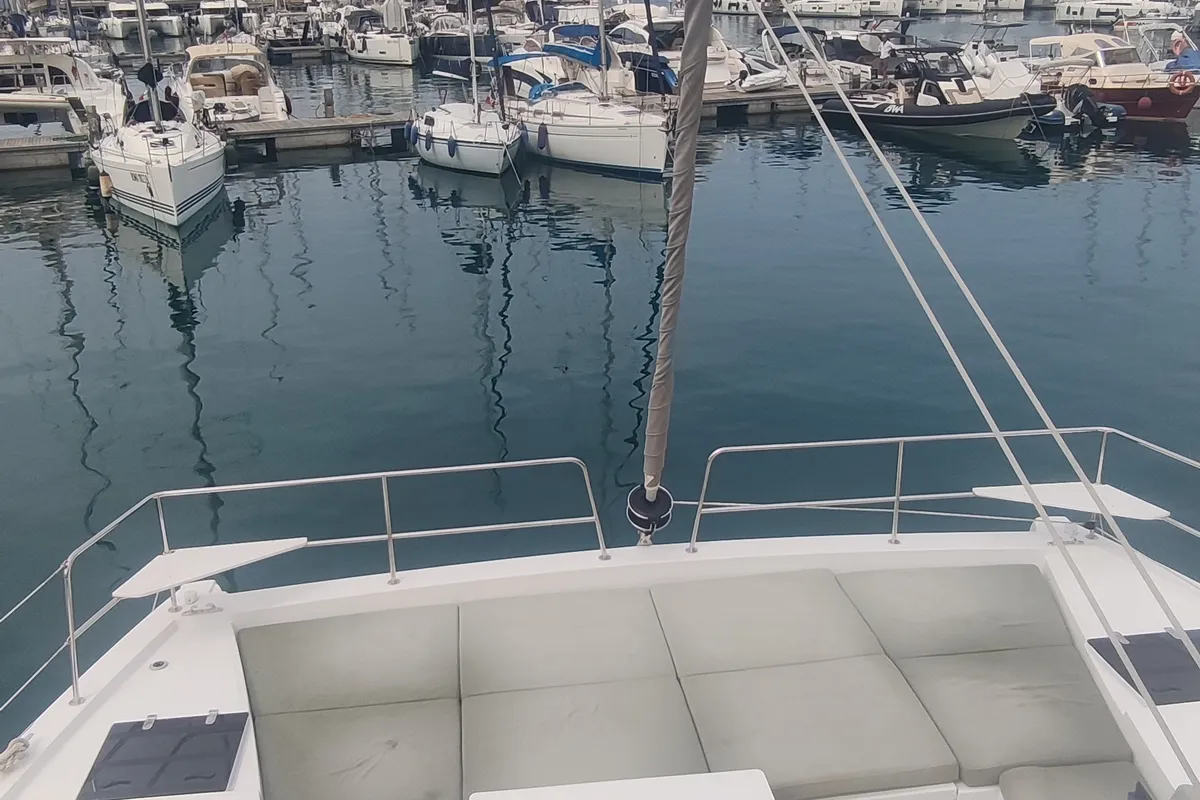 Deck of Sahar, a Bali 4.2 catamaran at Capo d'Orlando, Italy