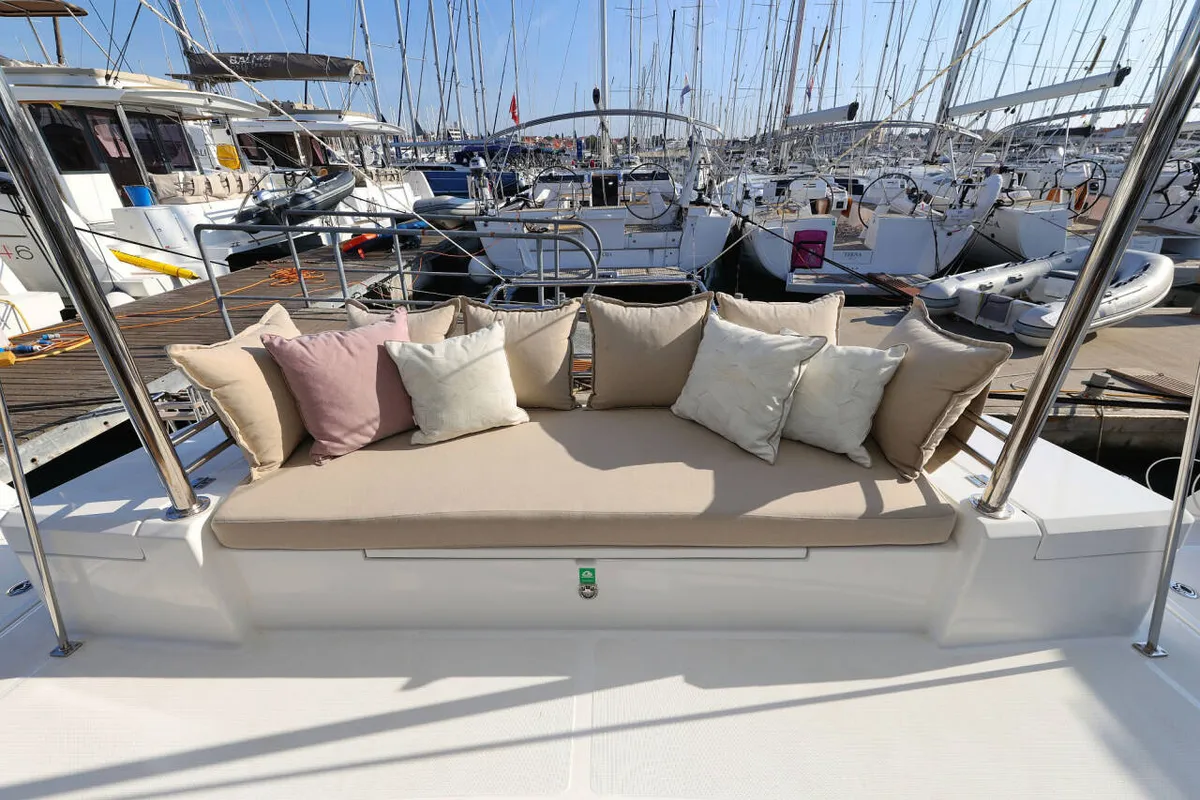 Deck of Sahar, a Bali 4.2 catamaran at Capo d'Orlando, Italy
