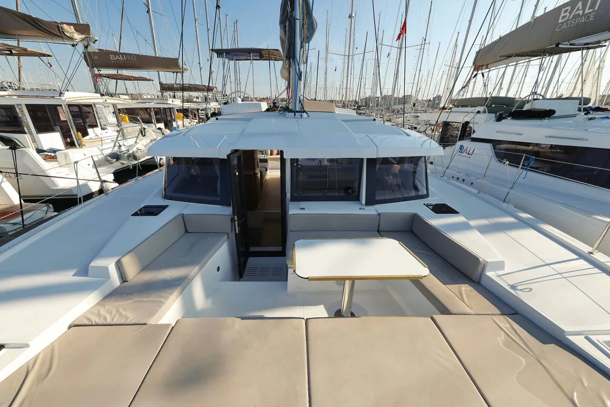 Deck of Sahar, a Bali 4.2 catamaran at Capo d'Orlando, Italy