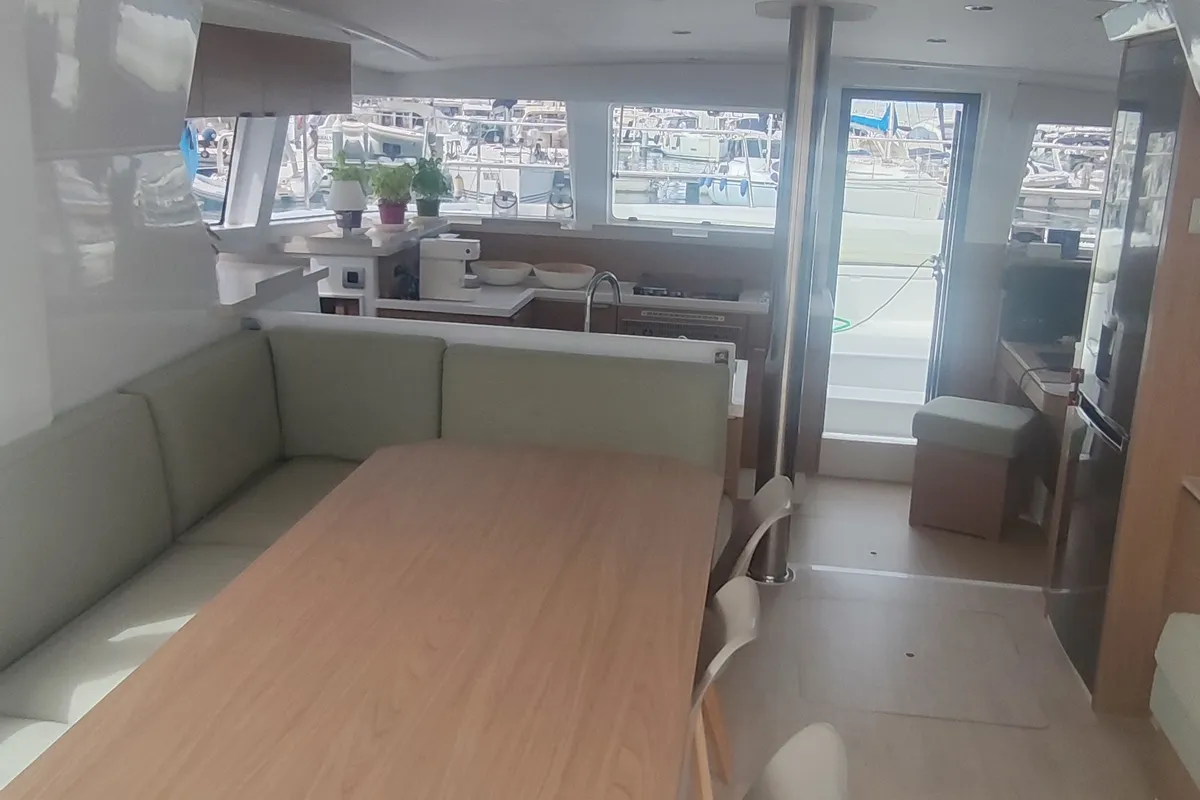 Salon of Sahar, a Bali 4.2 catamaran at Capo d'Orlando, Italy