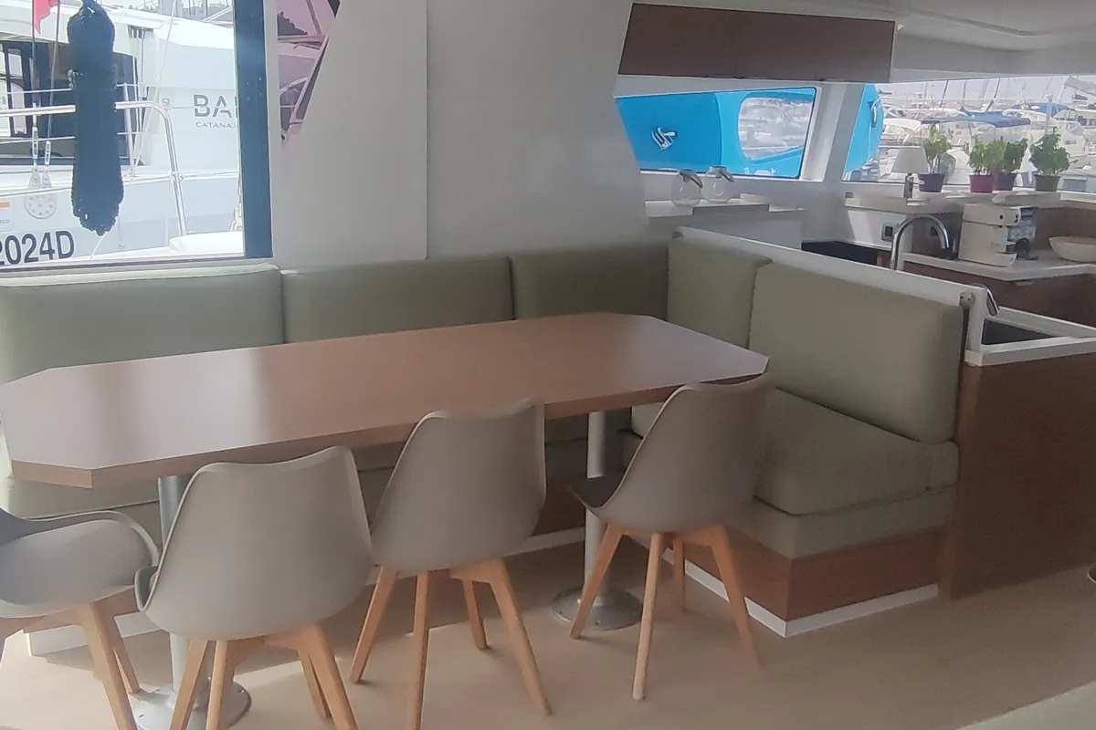 Salon of Sahar, a Bali 4.2 catamaran at Capo d'Orlando, Italy