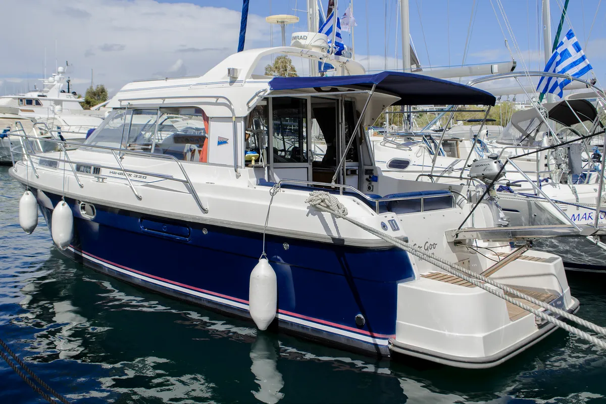 Exterior view of Nimbus 320 Coupe, a motorboat at Preveza, Greece