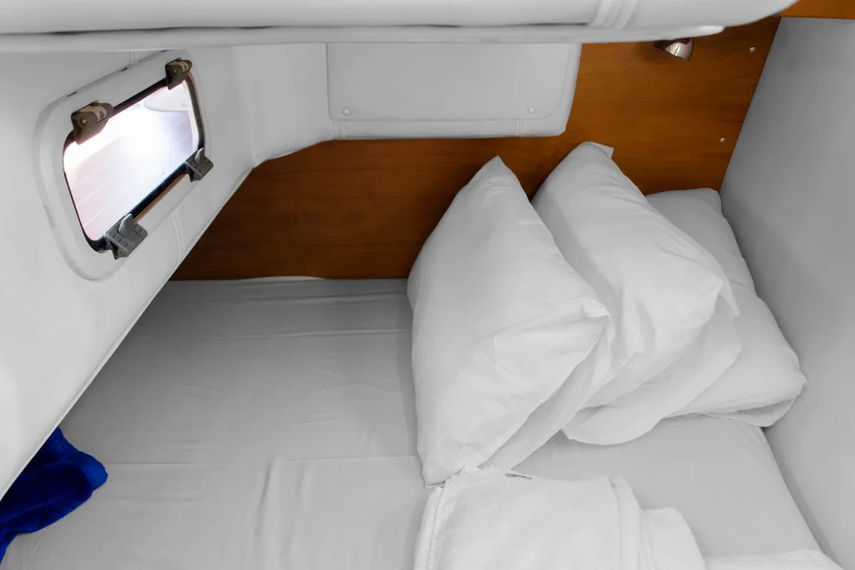 Cabin on Nimbus 320 Coupe, a motorboat at Preveza, Greece