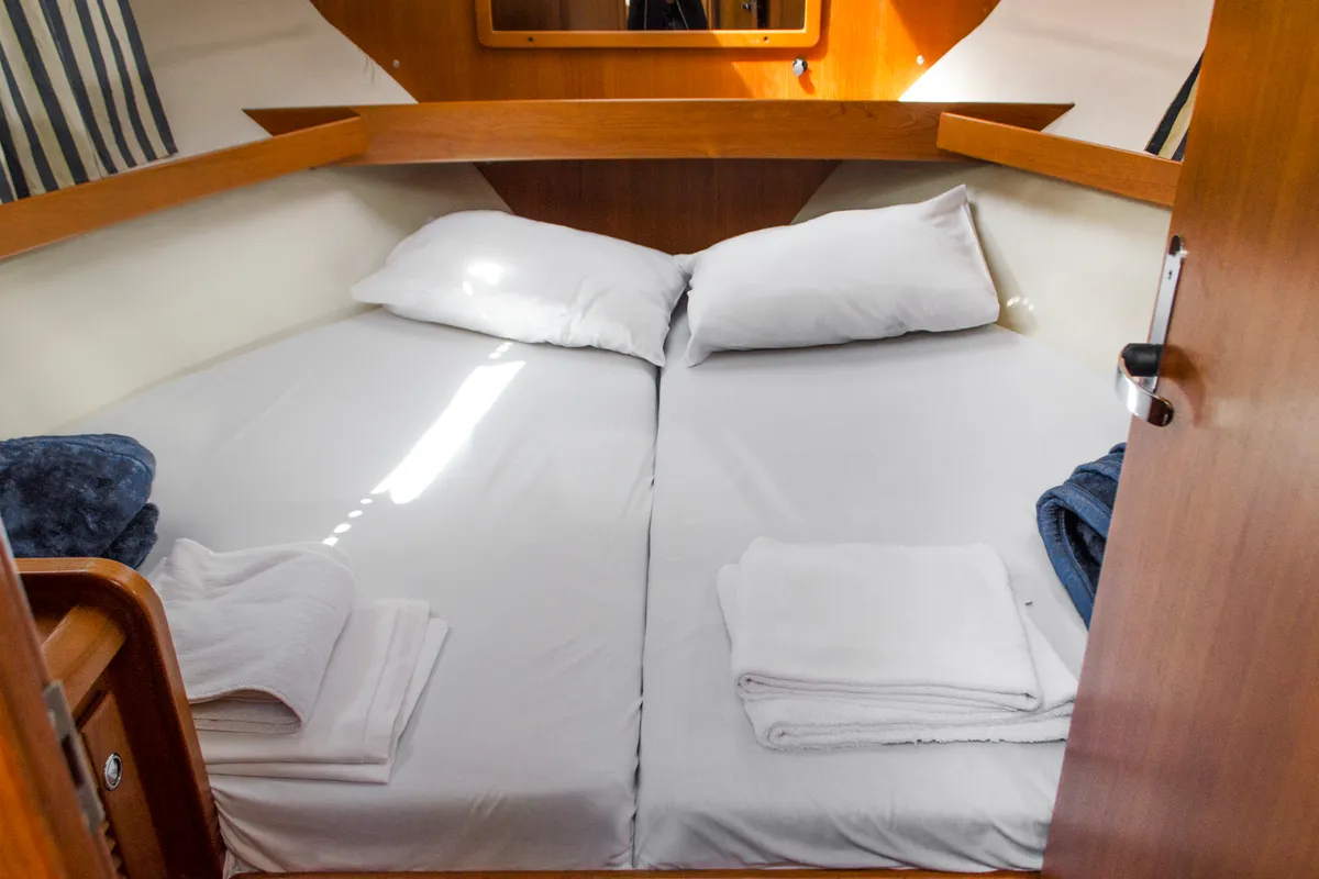Cabin on Nimbus 320 Coupe, a motorboat at Preveza, Greece