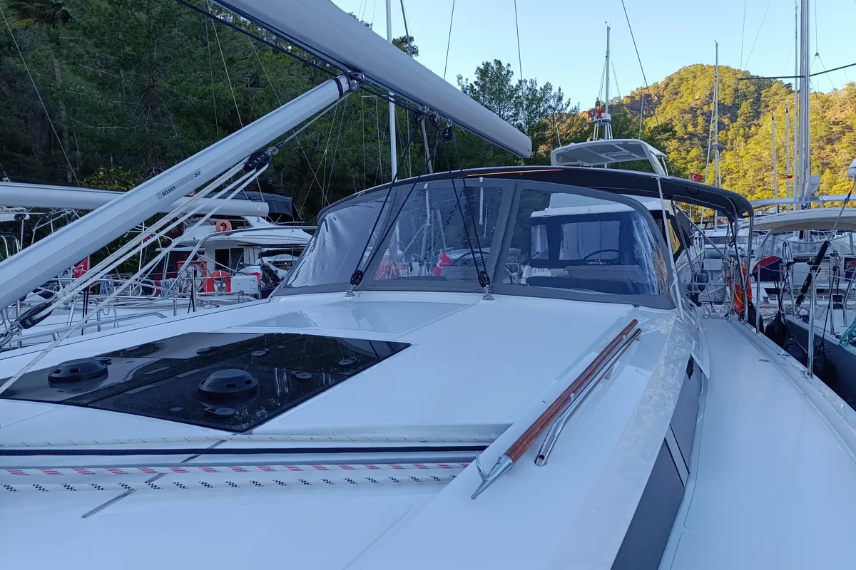 Deck of Binlik, a Hanse 460 sailboat at Fethiye, Turkey