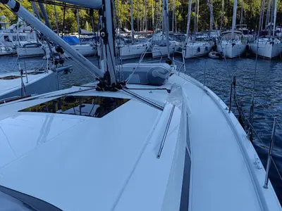 Deck of Binlik, a Hanse 460 sailboat at Fethiye, Turkey
