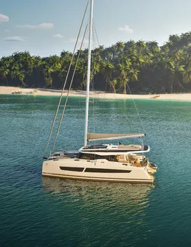 Exterior view of Stefania, a Fountaine Pajot FP 41 Quatuor 3 catamaran at Kos, Greece