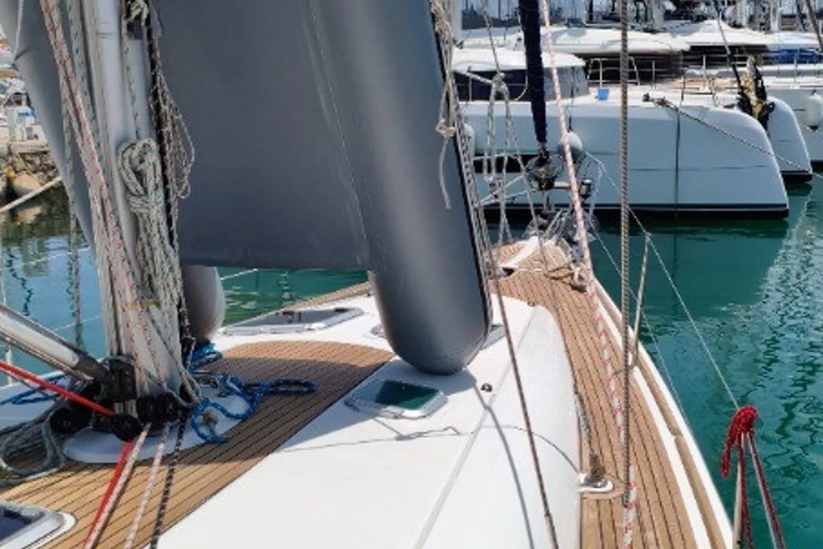 Deck of Spanaki II, a Jeanneau Sun Odyssey 45 sailboat at Athens, Greece