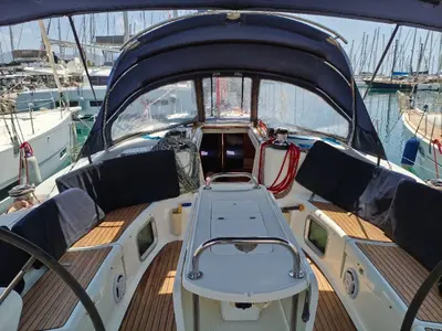 Cockpit of Spanaki II, a Jeanneau Sun Odyssey 45 sailboat at Athens, Greece
