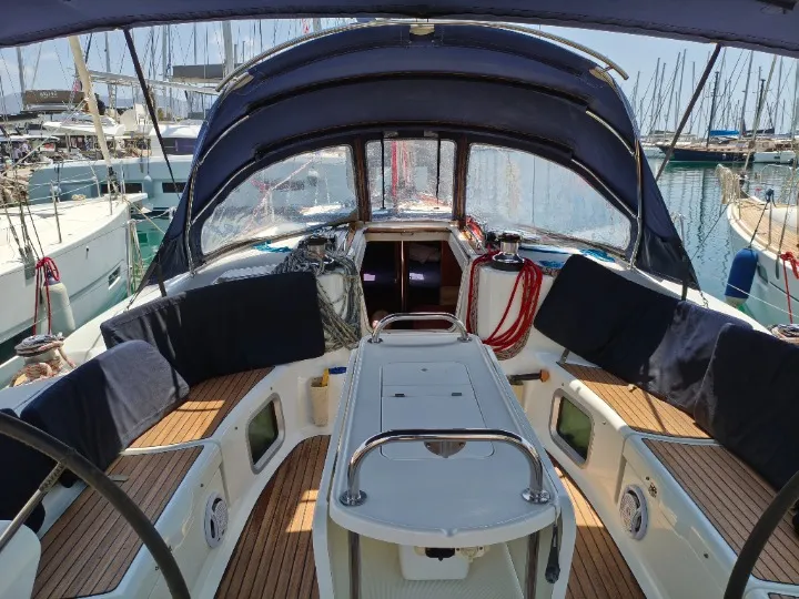 Cockpit of Spanaki II, a Jeanneau Sun Odyssey 45 sailboat at Athens, Greece