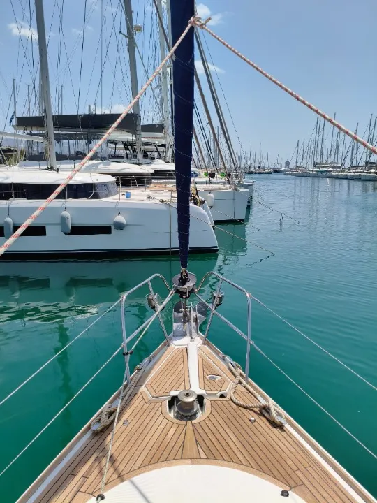 Exterior view of Spanaki II, a Jeanneau Sun Odyssey 45 sailboat at Athens, Greece