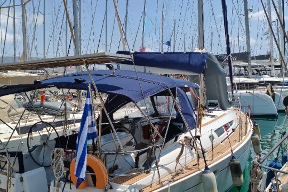 Exterior view of Spanaki II, a Jeanneau Sun Odyssey 45 sailboat at Athens, Greece