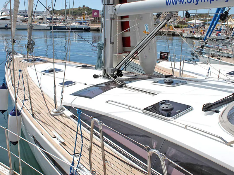 Exterior view of Zeus, a Jeanneau 53 sailboat at Lavreotiki Municipal Unit, Greece