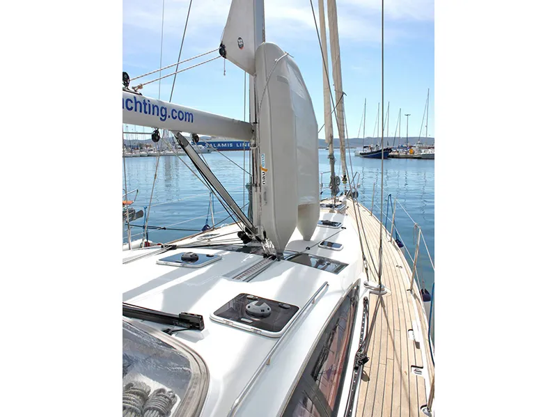 Exterior view of Zeus, a Jeanneau 53 sailboat at Lavreotiki Municipal Unit, Greece
