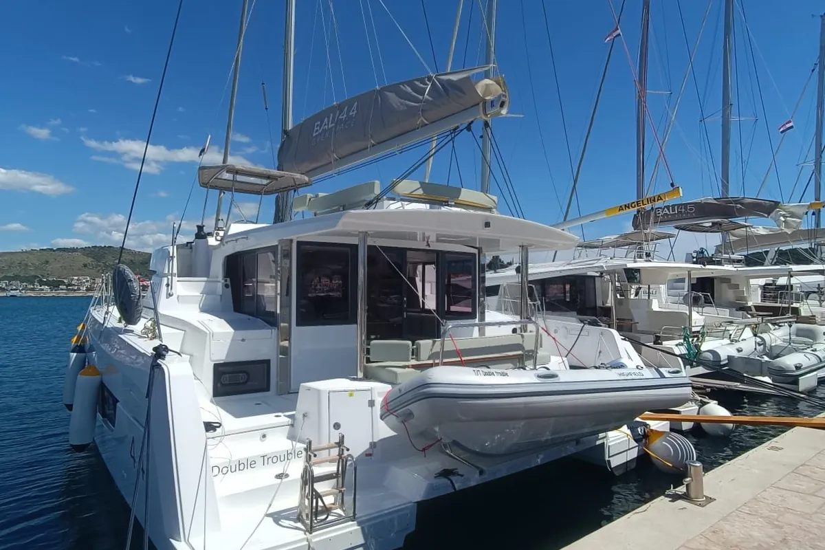 Exterior view of Double Trouble, a Bali 4.4 catamaran at Rogoznica, Croatia