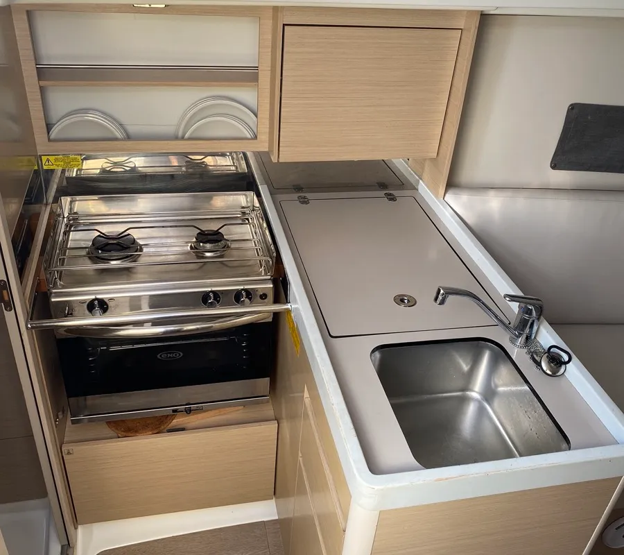 Galley of Carina, a Beneteau Oceanis 30.1 sailboat at Olbia, Italy