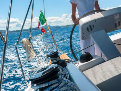 Cockpit of Hanse 508, a sailboat at Cannigione, Italy