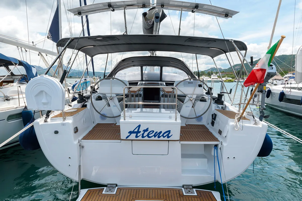 Deck of Hanse 508, a sailboat at Cannigione, Italy