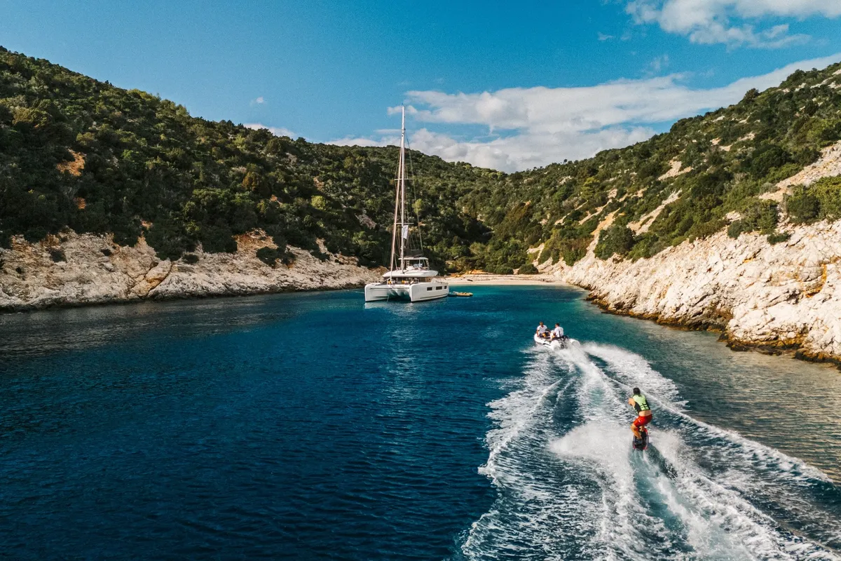 Exterior view of DOLCIA, a Lagoon 51 catamaran at Lefkada, Greece