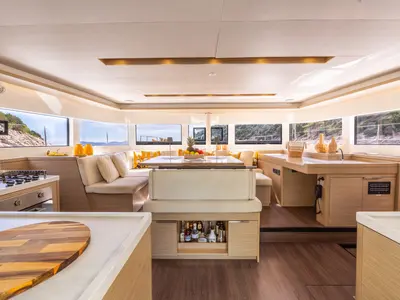 Salon of DOLCIA, a Lagoon 51 catamaran at Lefkada, Greece
