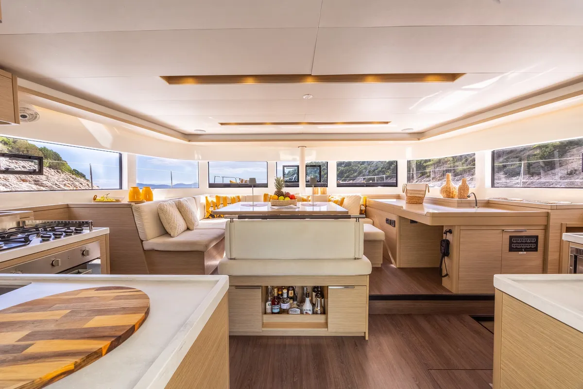 Salon of DOLCIA, a Lagoon 51 catamaran at Lefkada, Greece