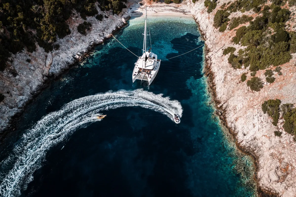 Exterior view of DOLCIA, a Lagoon 51 catamaran at Lefkada, Greece