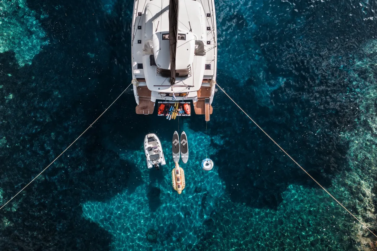 Exterior view of DOLCIA, a Lagoon 51 catamaran at Lefkada, Greece