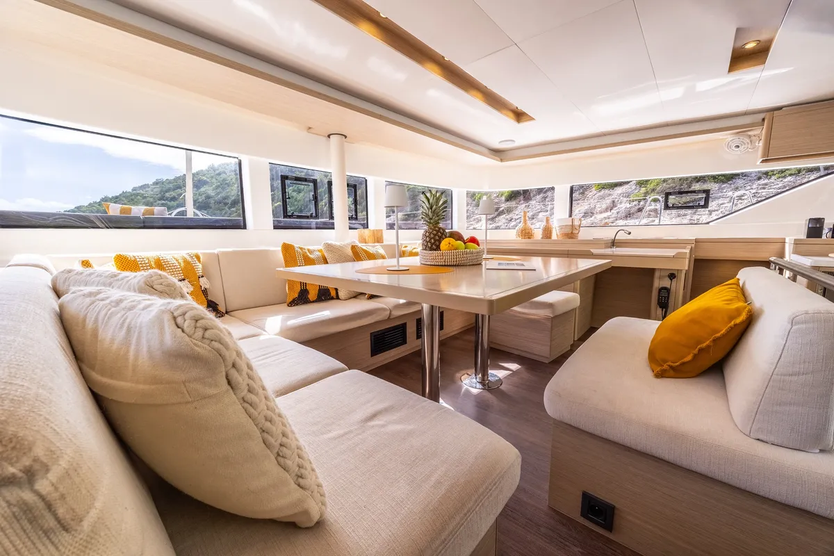 Salon of DOLCIA, a Lagoon 51 catamaran at Lefkada, Greece