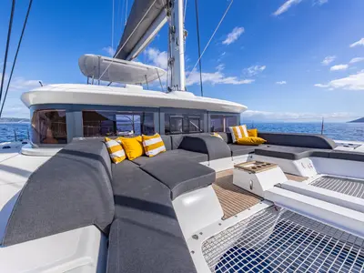 Deck of DOLCIA, a Lagoon 51 catamaran at Lefkada, Greece