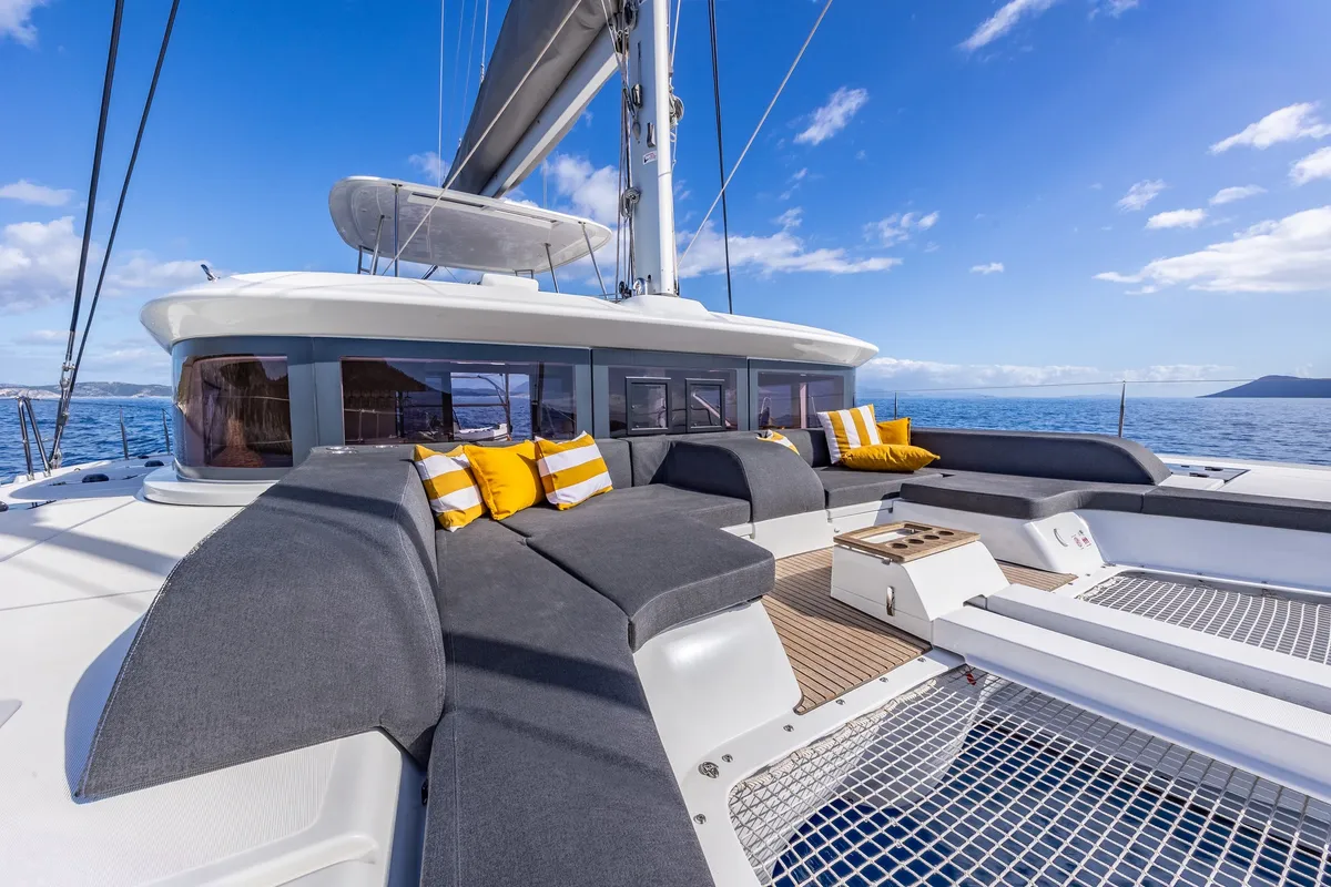 Deck of DOLCIA, a Lagoon 51 catamaran at Lefkada, Greece