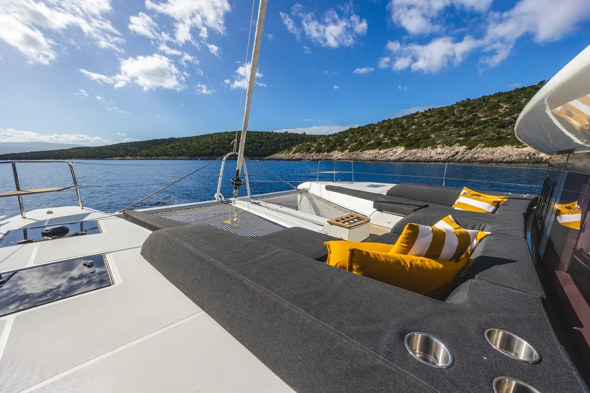 Deck of DOLCIA, a Lagoon 51 catamaran at Lefkada, Greece