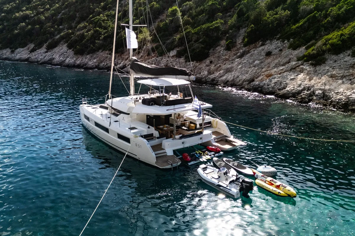 Exterior view of DOLCIA, a Lagoon 51 catamaran at Lefkada, Greece