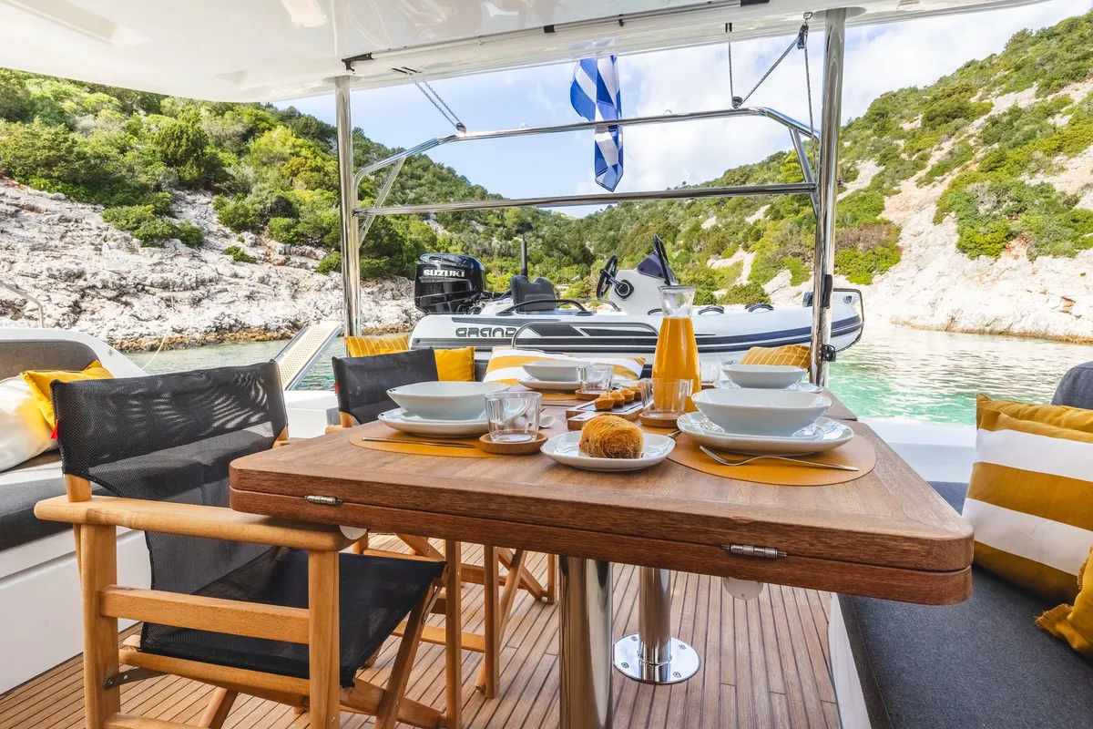 Deck of DOLCIA, a Lagoon 51 catamaran at Lefkada, Greece